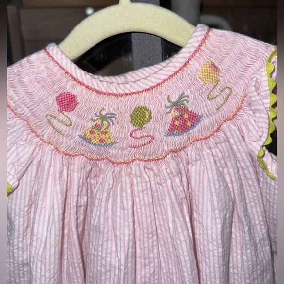 Birthday smocked toddler girl dress ruffles seersucker hat balloons embroidered - Picture 2 of 4